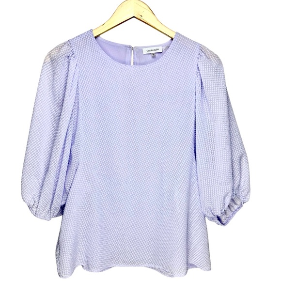 Calvin Klein Lavender Balloon-Sleeve‎ Blouse Spring Pastel Semi-Sheer Top Size L - Picture 2 of 13